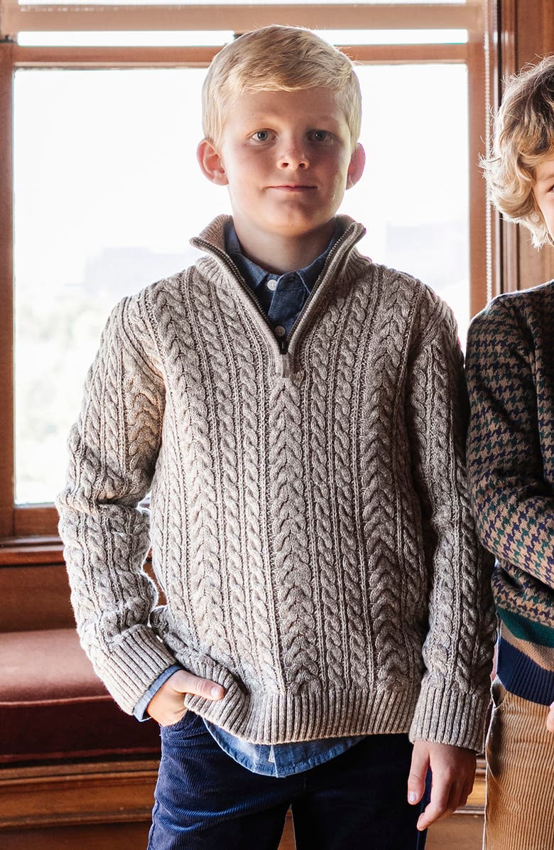 Hope & Henry Kids' Organic Long Sleeve Half Zip Cable Pullover Sweater, Alternate, color, Taupe Marl Cable