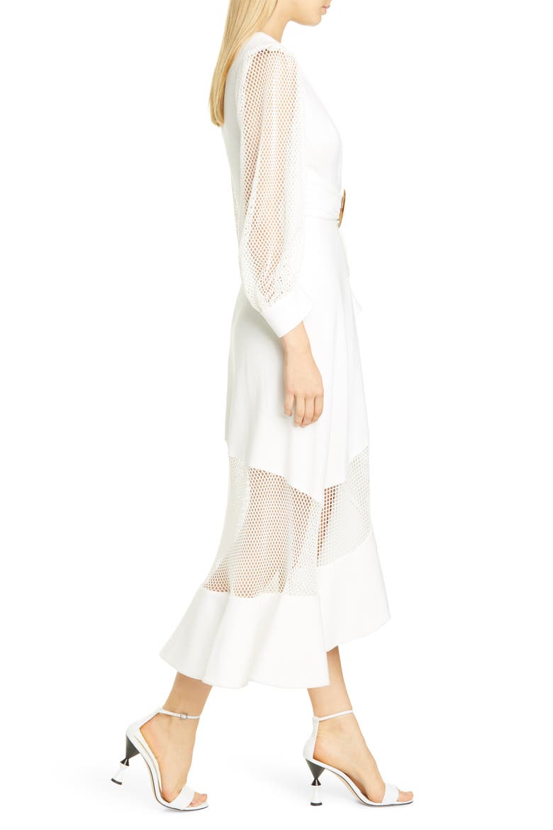 PatBO Mesh Trim Belted Midi Dress, Alternate, color, WHITE