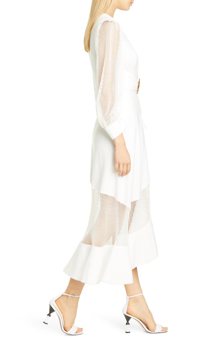 PatBO Patricia Bonaldi PatBO Mesh Trim Belted Midi Dress, Alternate, color, 