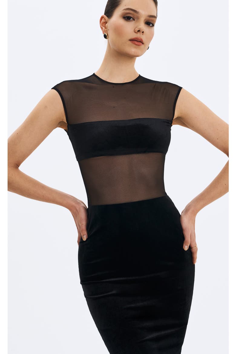 Quielle Mesh and Velvet Midi Bodycon Dress, Alternate, color, Black