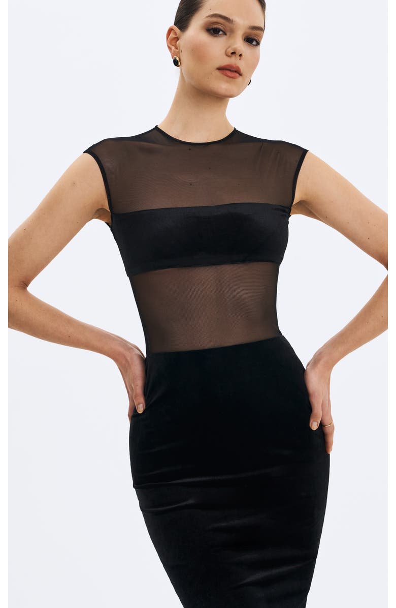 Miss Circle Quielle Mesh and Velvet Midi Bodycon Dress, Alternate, color, Black