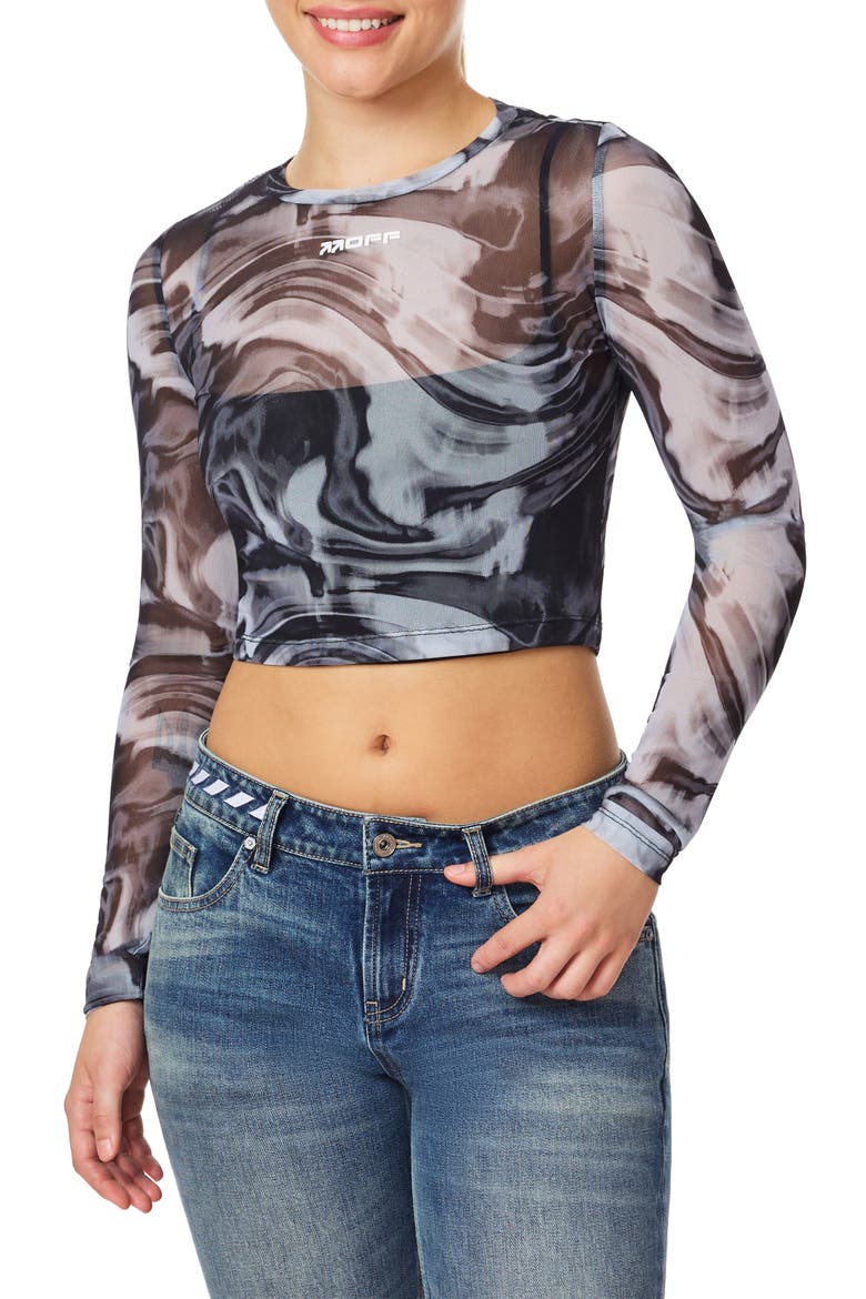 Swirl Print Fitted Mesh Crop Top, Main, color, BLACK WHITE SWIRL