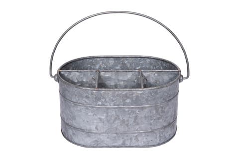 Galvanized Metal Storage Caddy with 4 Compartments and Handle, Grey