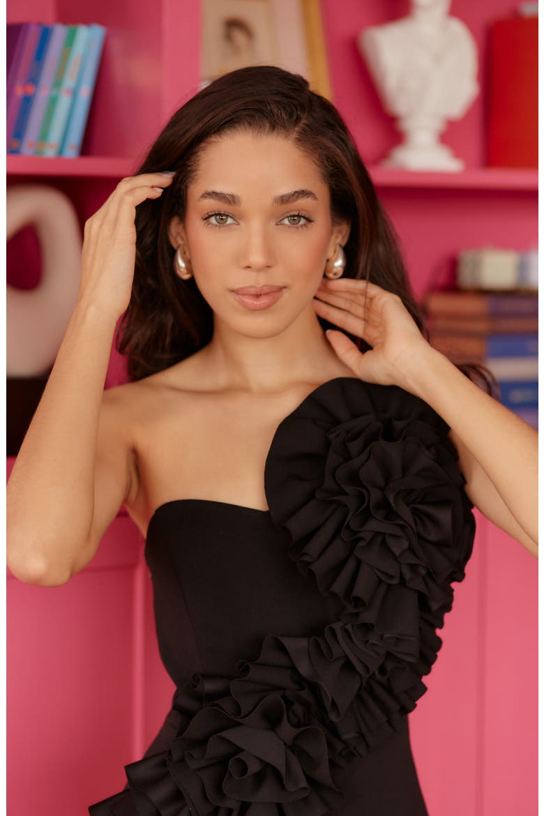 Rosette One-Shoulder Trumpet Gown, Alternate, color, BLACK
