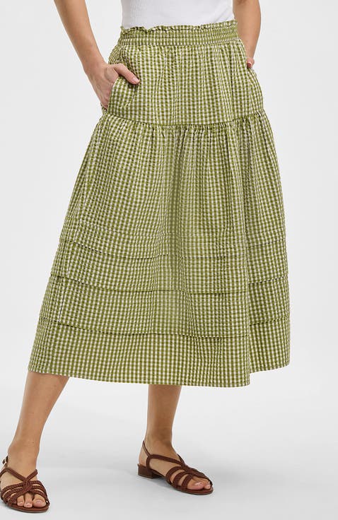 Seersucker Pull On Midi Skirt