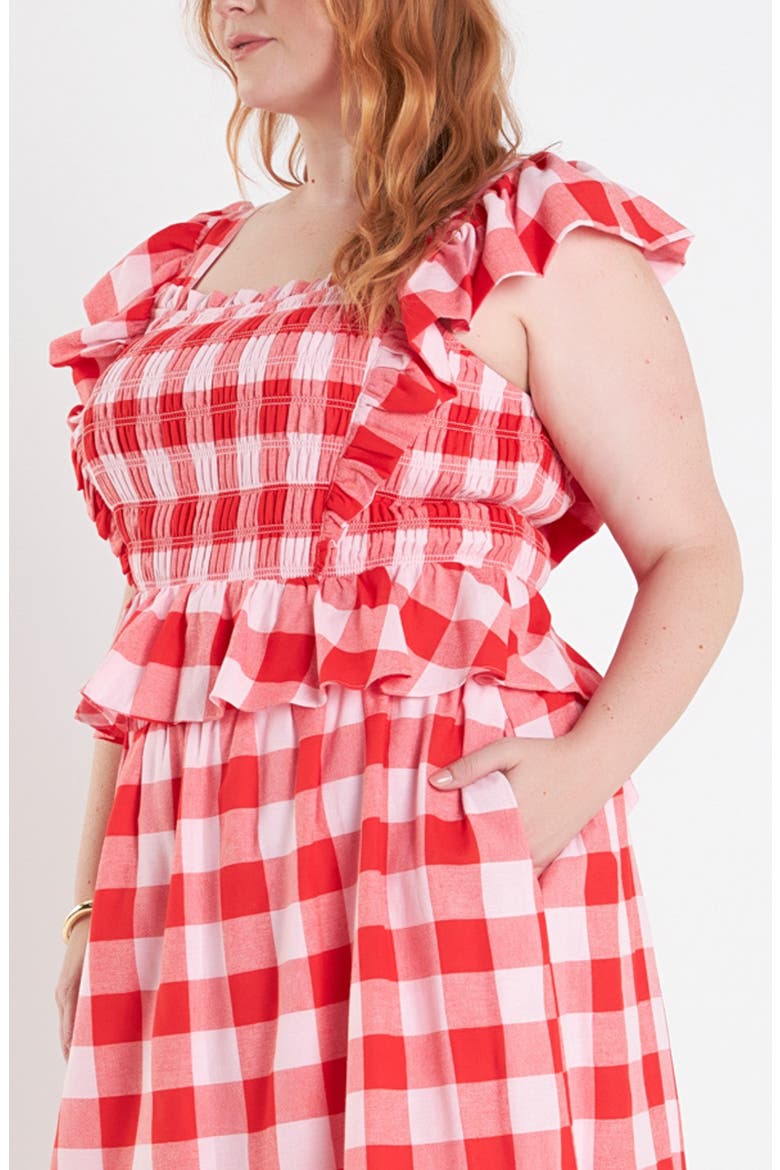 Gingham Smocked Ruffle Crop Top, Alternate, color, PINK/ RED