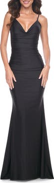 La Femme Illusion Back Jersey Dress with Boning Detail