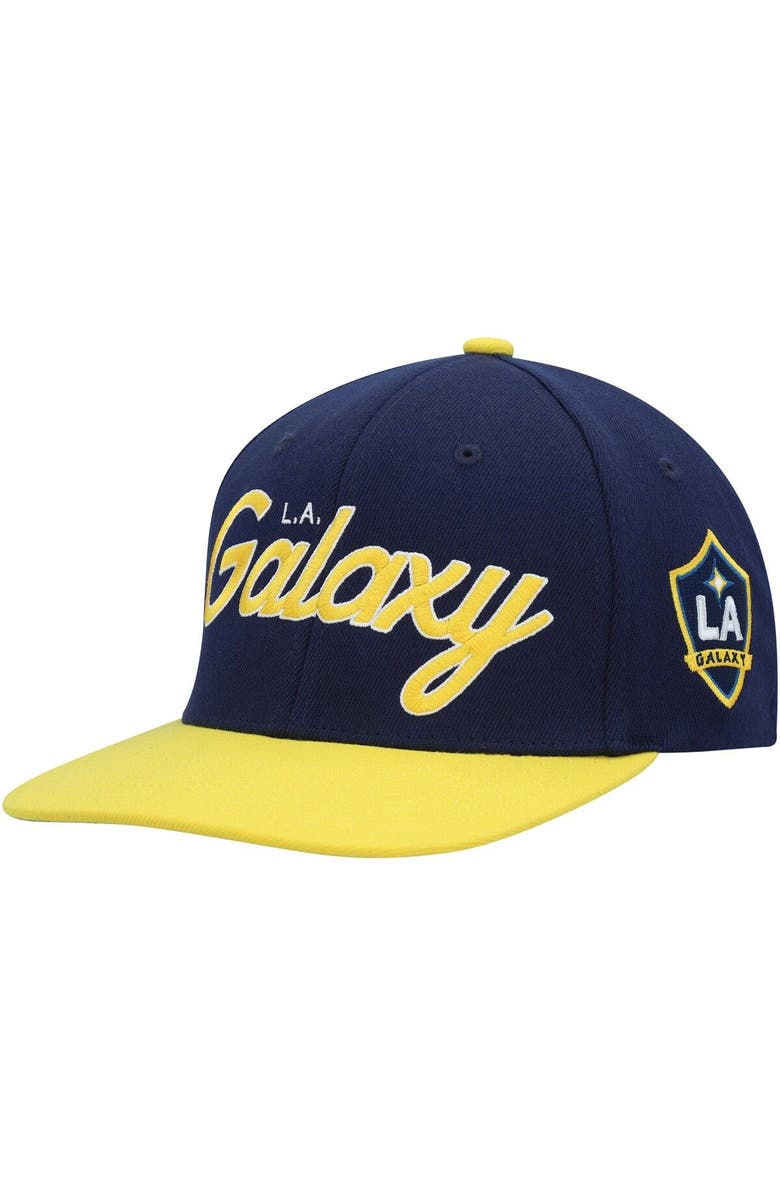 Mitchell & Ness Men's Mitchell & Ness Navy LA Galaxy Team Script 2.0 Stretch Snapback Hat, Main, color, 