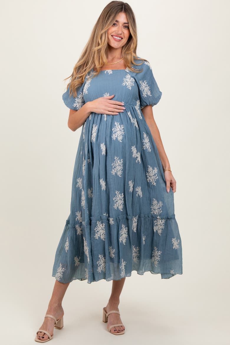 Floral Print Ruffle Hem Midi Dress, Alternate, color, Blue