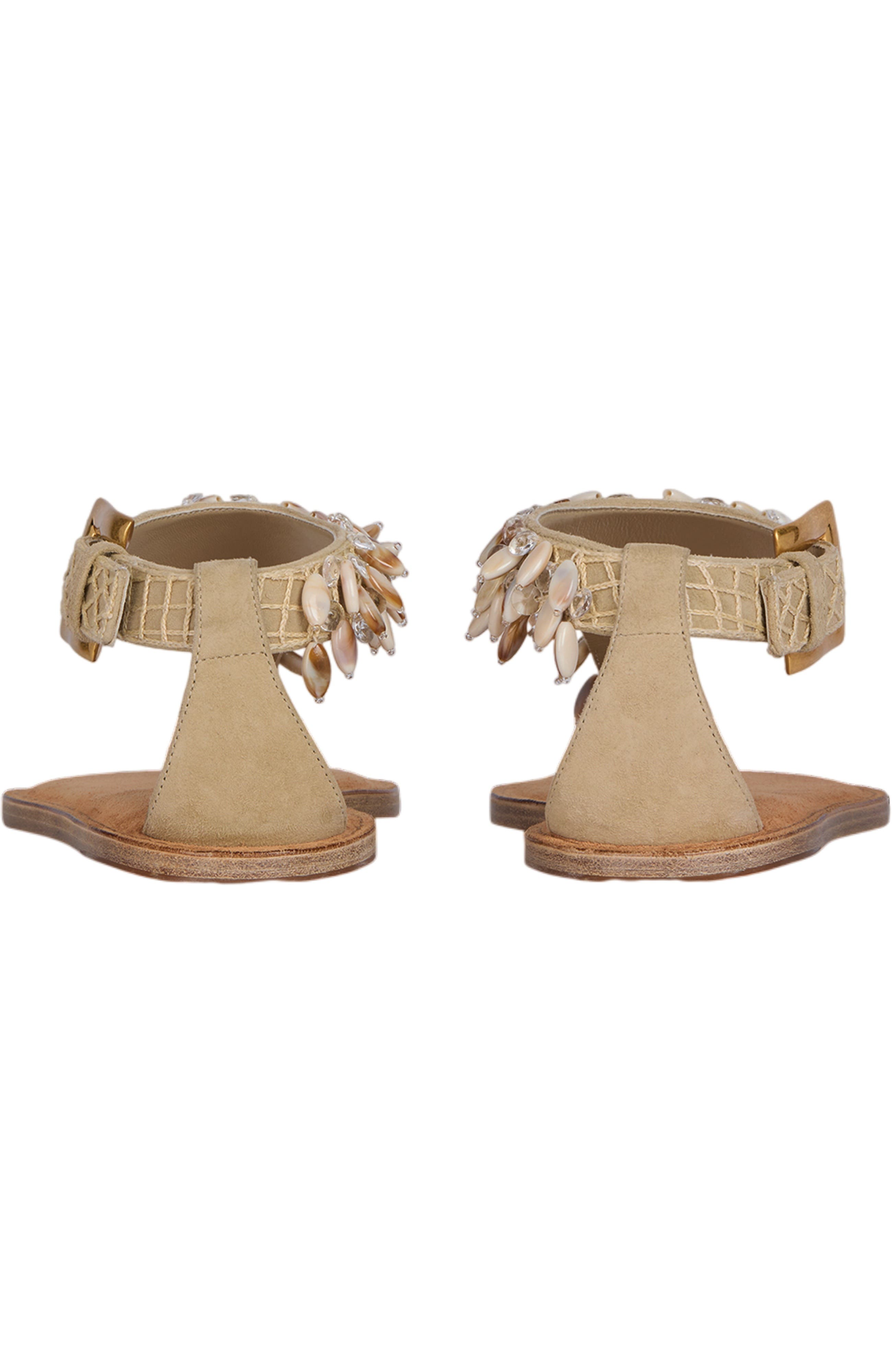 Balmain Flat sandals in suede, cotton and beads, Alternate, color, Beige