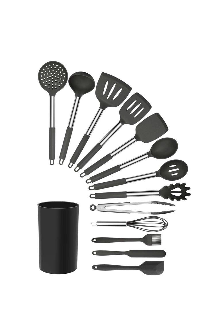Silicone and Stainless Steel Cooking Utensils, Set of 14, Main, color, Gray
