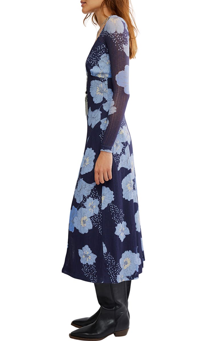 Free People Calla Floral Long Sleeve Knit Midi Dress, Alternate, color, Sky Combo