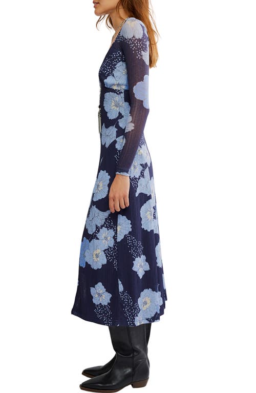 Free People Calla Floral Long Sleeve Knit Midi Dress In Blue