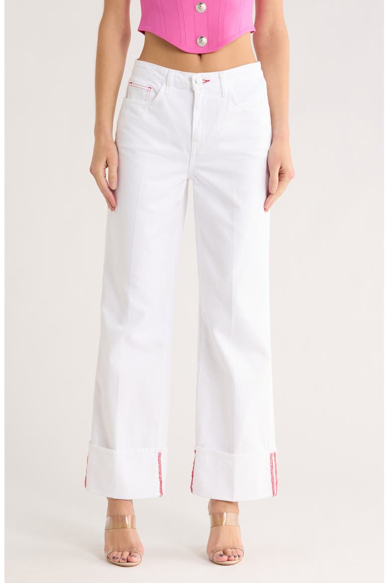 Miley High Waist Cuffed Wide Leg Jeans, Main, color, BLANC/SCARLET RED CONT