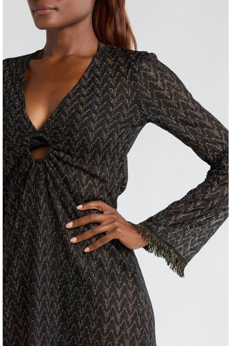 Cassie Zigzag Long Sleeve Knit Cover-Up Dress, Alternate, color, BLACK/ GOLD ZIG ZAG