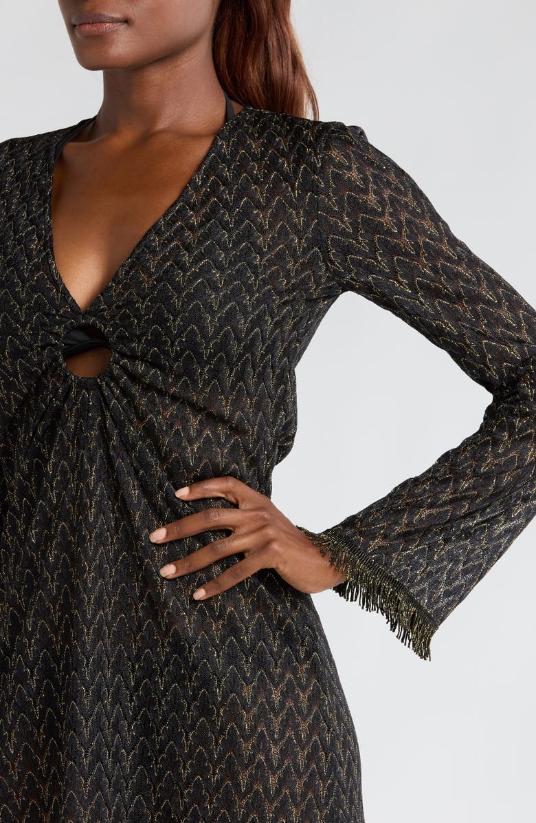 Ramy Brook Cassie Zigzag Long Sleeve Knit Cover-Up Dress, Alternate, color, Black/ Gold Zig Zag