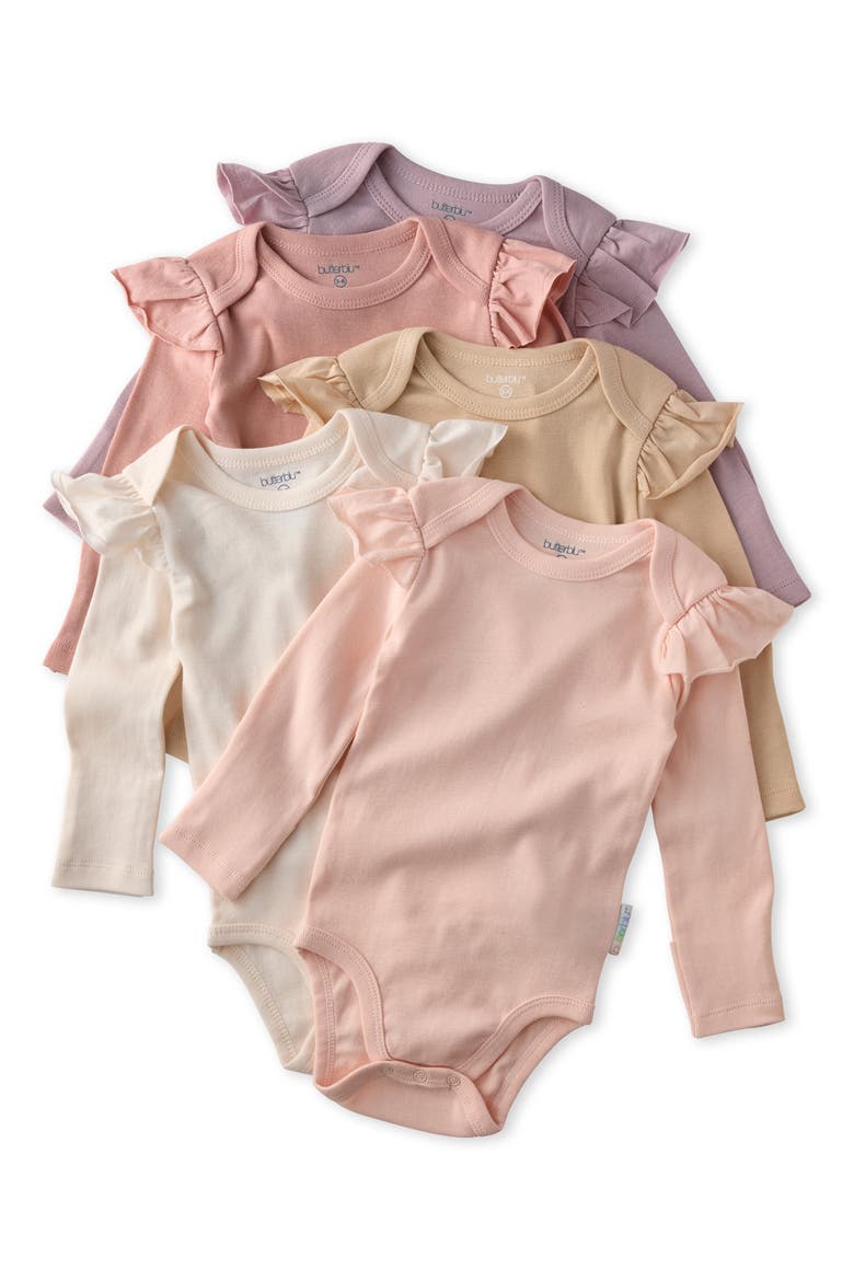 Ashley Ruffle Long Sleeve Organic Cotton 5-Pack Bodysuits, Main, color, SORBET