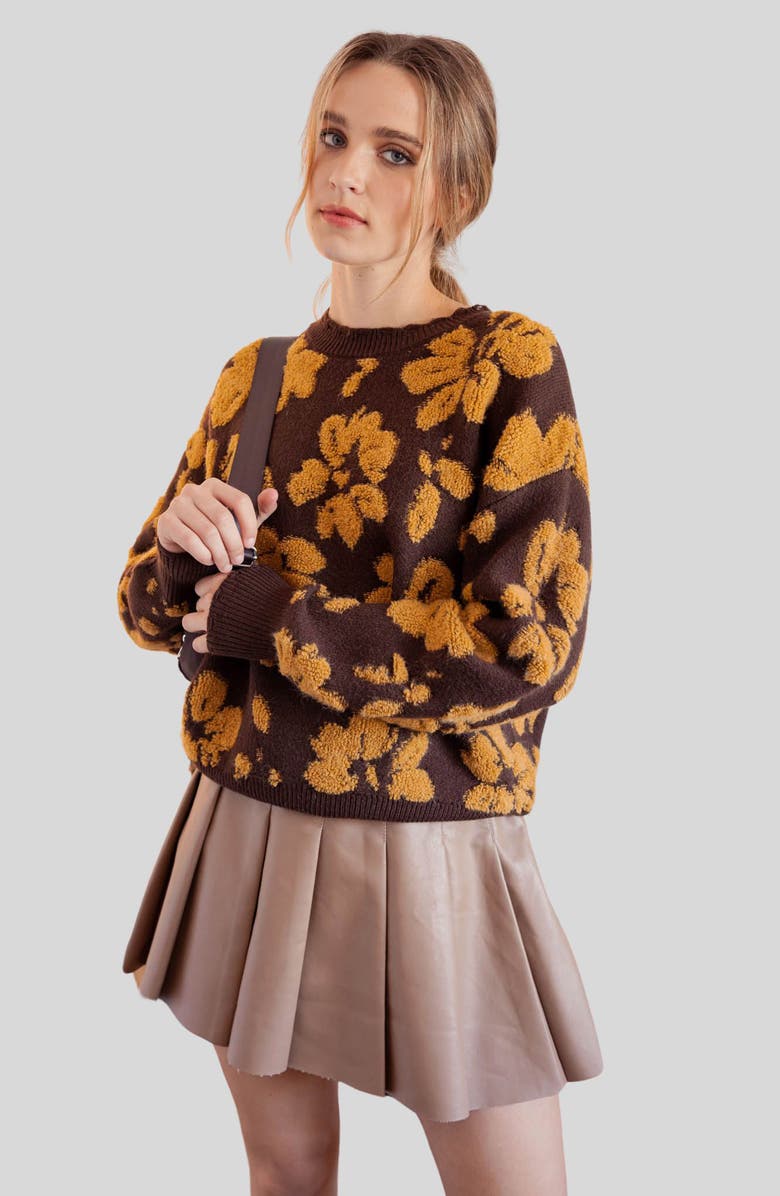 Blu Pepper Floral Distressed Terry Sweater, Alternate, color, Brown