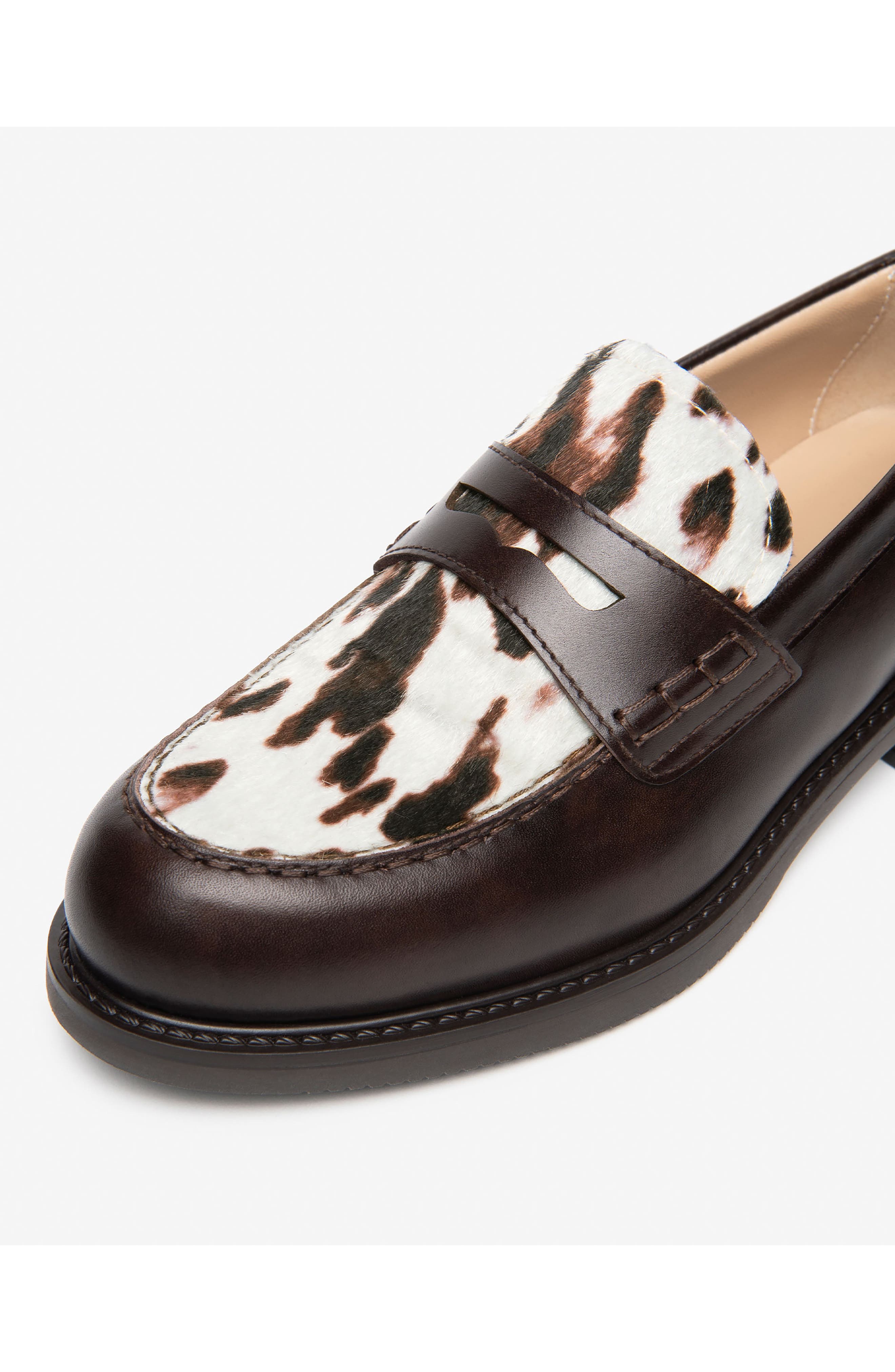 Leather Penny Loafer, Alternate, color, CHOCOLATE/ COW PRINT