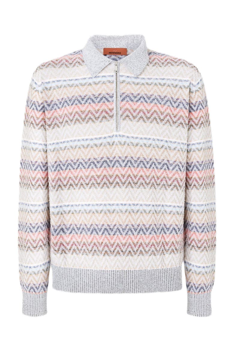 Long-sleeved Zig Zag Knit Polo Shirt With Half-zip Collar, Alternate, color, White & Beige