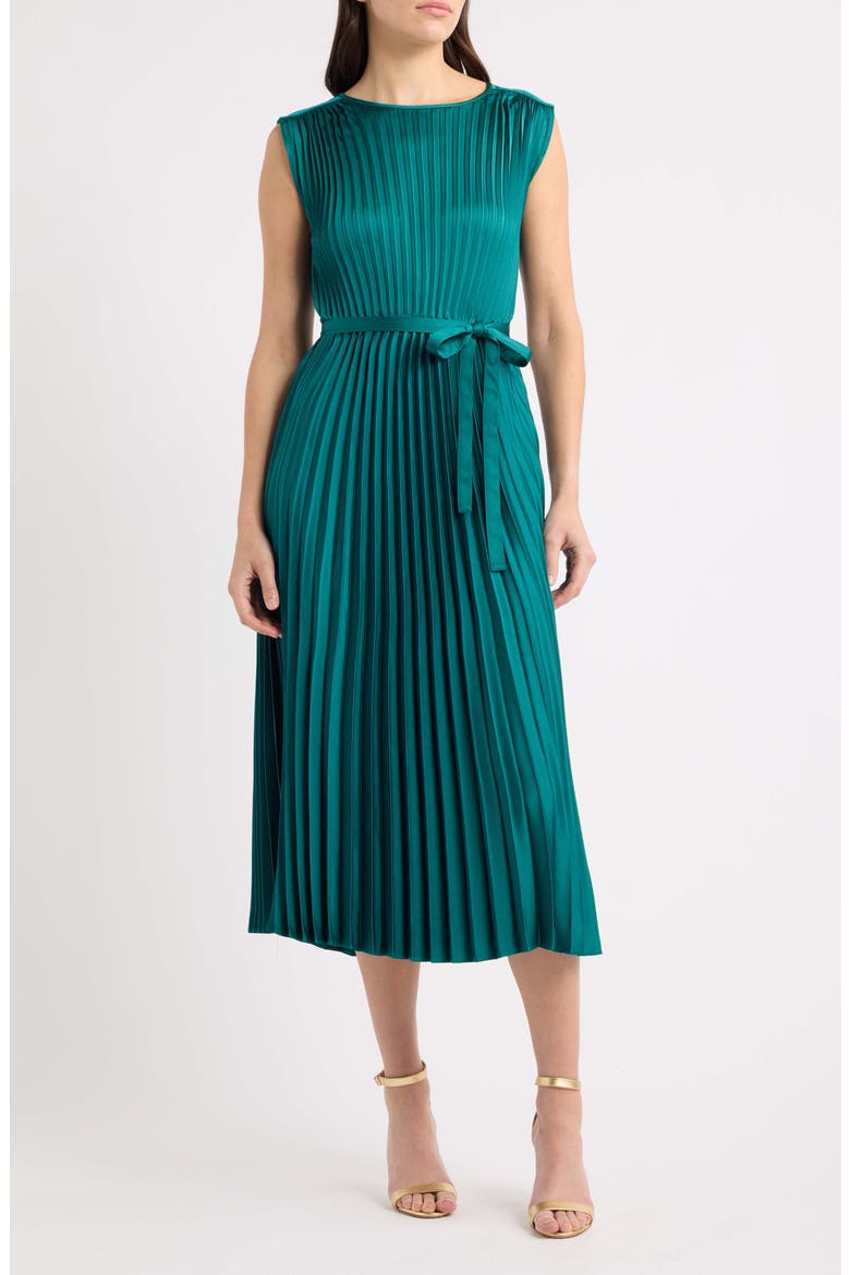 Sunburst Pleated Satin Midi Dress, Main, color, DEEP JADE