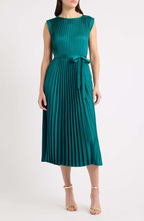 Sunburst Pleated Satin Midi Dress