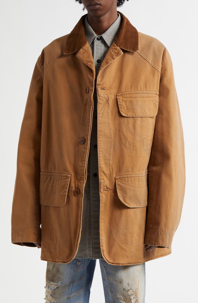 Maison Margiela Corduroy Collar Waxed Cotton Canvas Coat, Main, color, Ochre