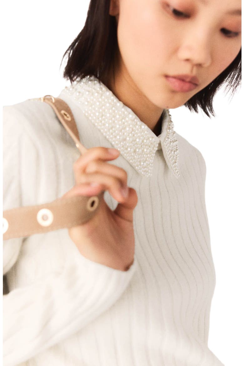 Pearl-collar ribbed sweater, Alternate, color, Ecru