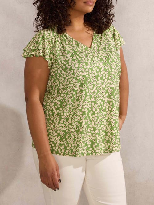 Live Unlimited Ditsy Jersey Flutter Sleeve Top In Green