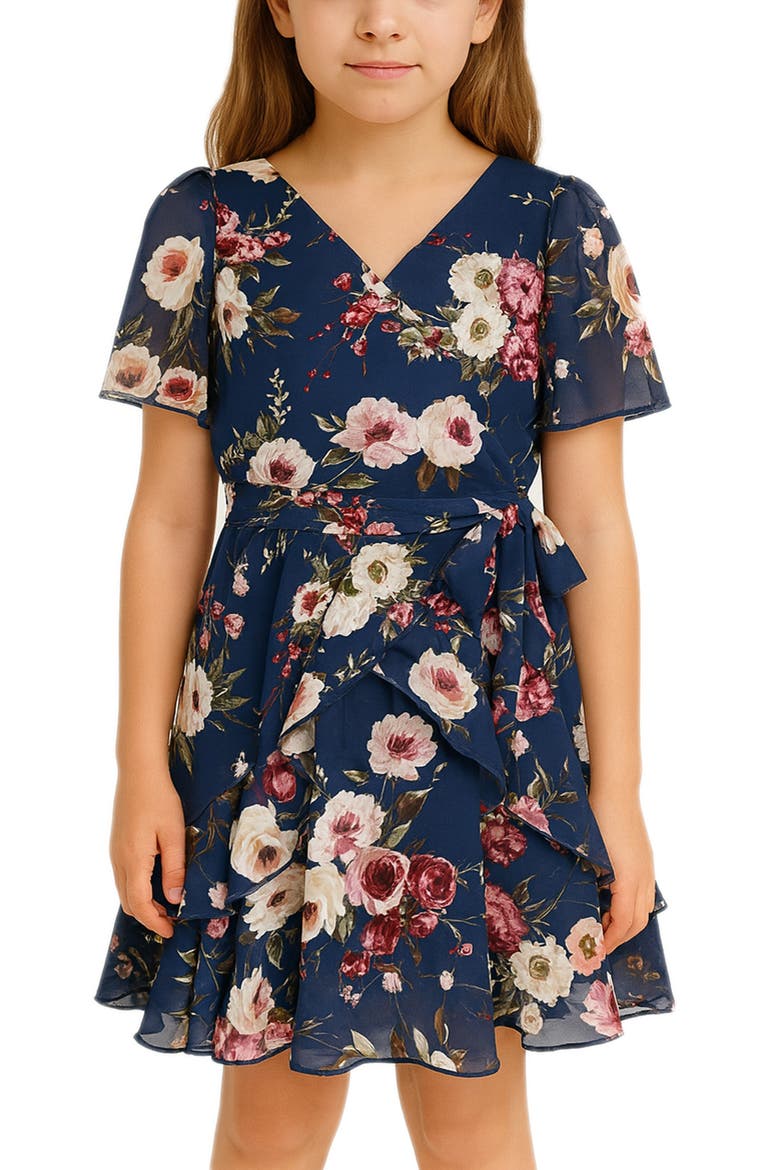 Kids' Chiffon Faux Wrap Dress, Alternate, color, NAVY/ MAUVE