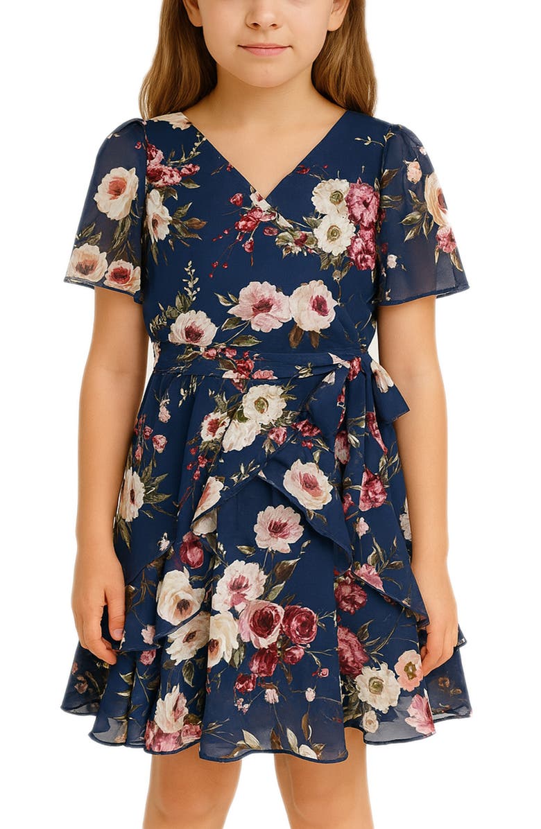 Zunie Kids' Chiffon Faux Wrap Dress, Alternate, color, Navy/ Mauve