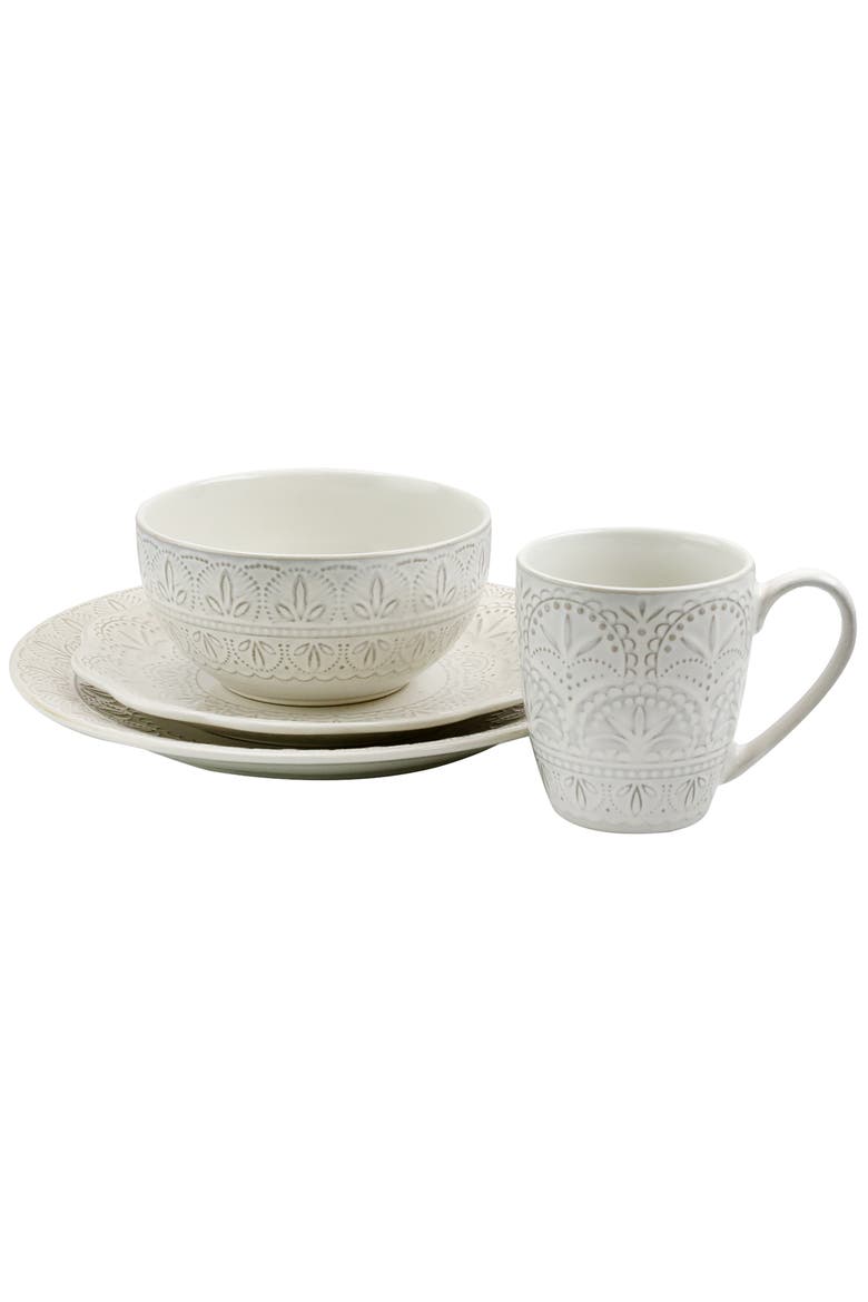 White Lace 16 Piece Stoneware Dinnerware Set, Alternate, color, White