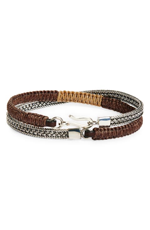 Men's Artisan Sterling Silver & Leather Macramé Double Wrap Bracelet