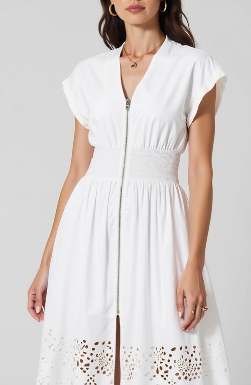 Modenaire Cap Sleeve Midi Dress With Smocked Waist Front Zip And Eyelet Hem In White