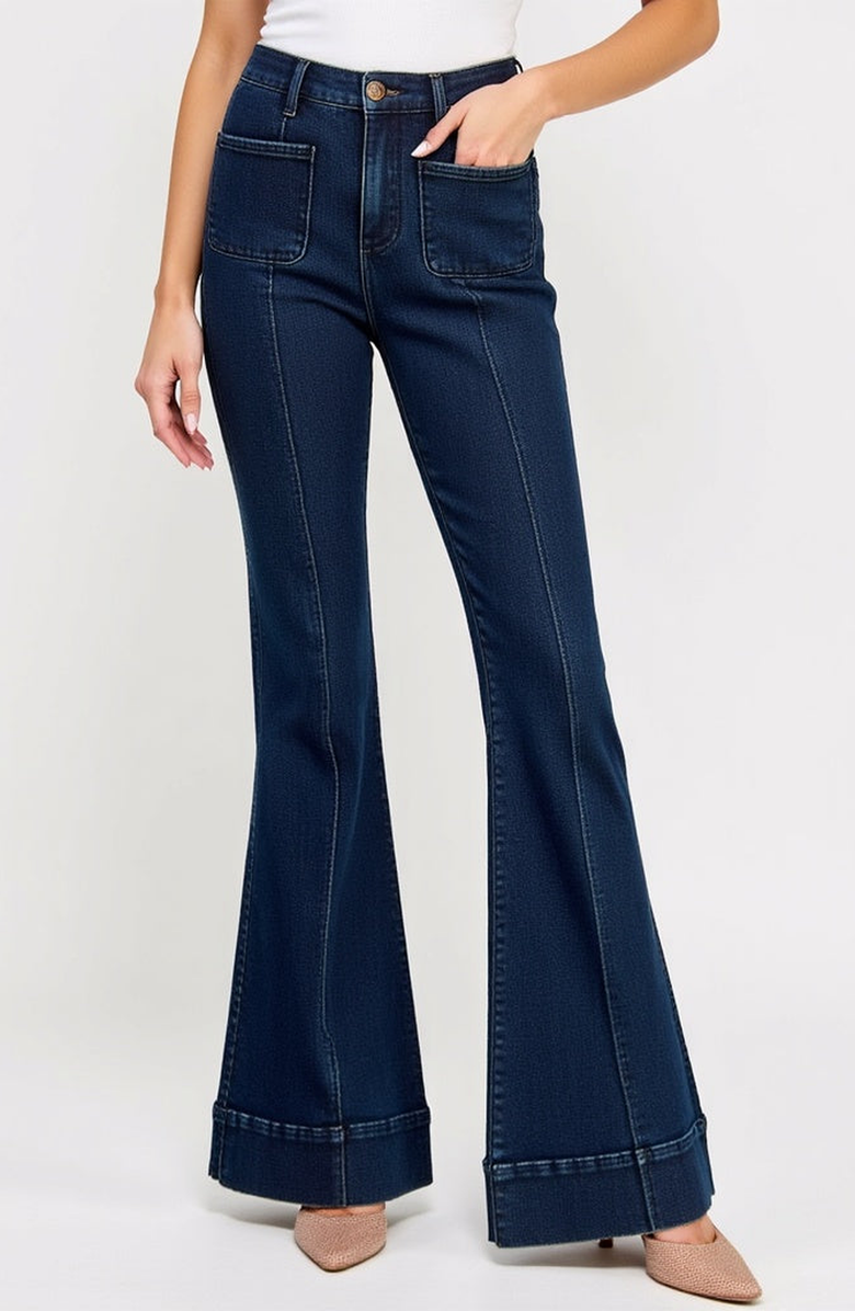 Modenaire High Waist Flare Jeans with Cuffed Hem and Front Patch Pockets, Main, color, Dark Wash Blue