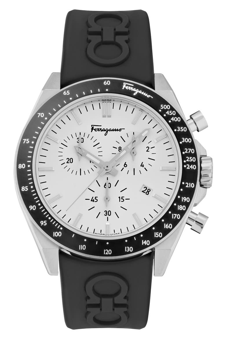 Chronograph Silicone Strap Watch, 43mm, Main, color, SILVER