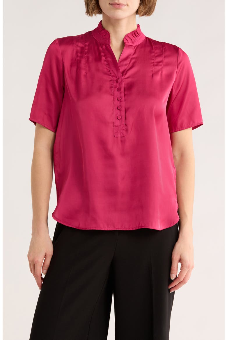 Ruffle Split Neck Short Sleeve Top, Main, color, DARK PINK
