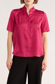 T Tahari Ruffle Split Neck Short Sleeve Top