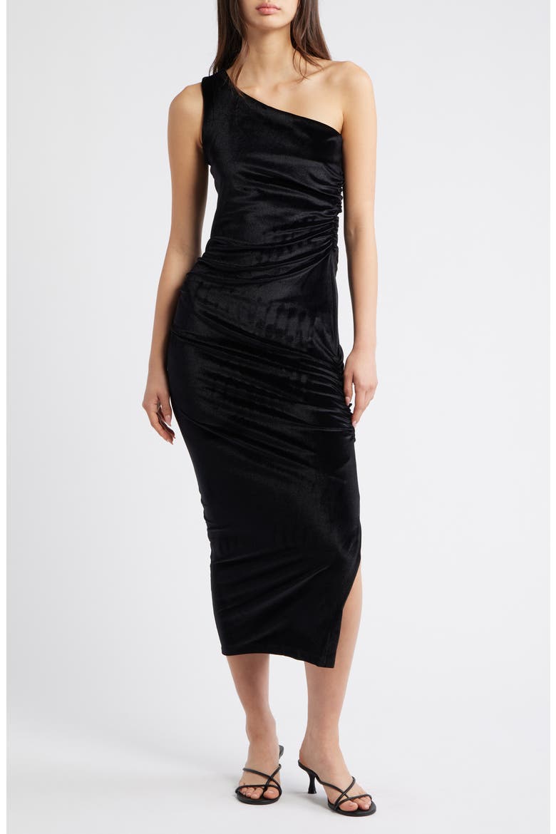 Kathleen Ruched One-Shoulder Velvet Midi Dress, Main, color, BLACK