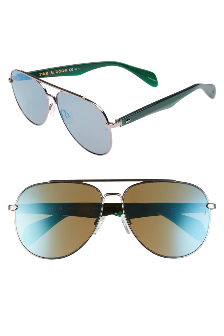 62mm Mirrored Aviator Sunglasses, Main, color, RUTHENIUM KHAKI/ BLUE