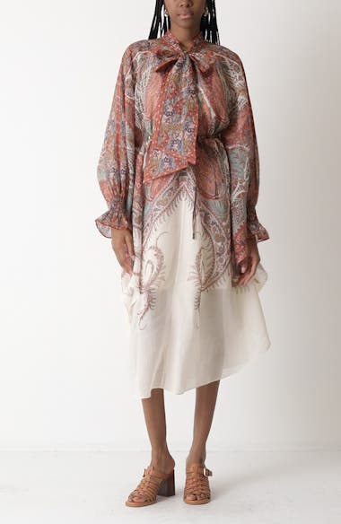 Zimmermann Rhiannon Paisley Tie Neck Long Sleeve Midi Dress