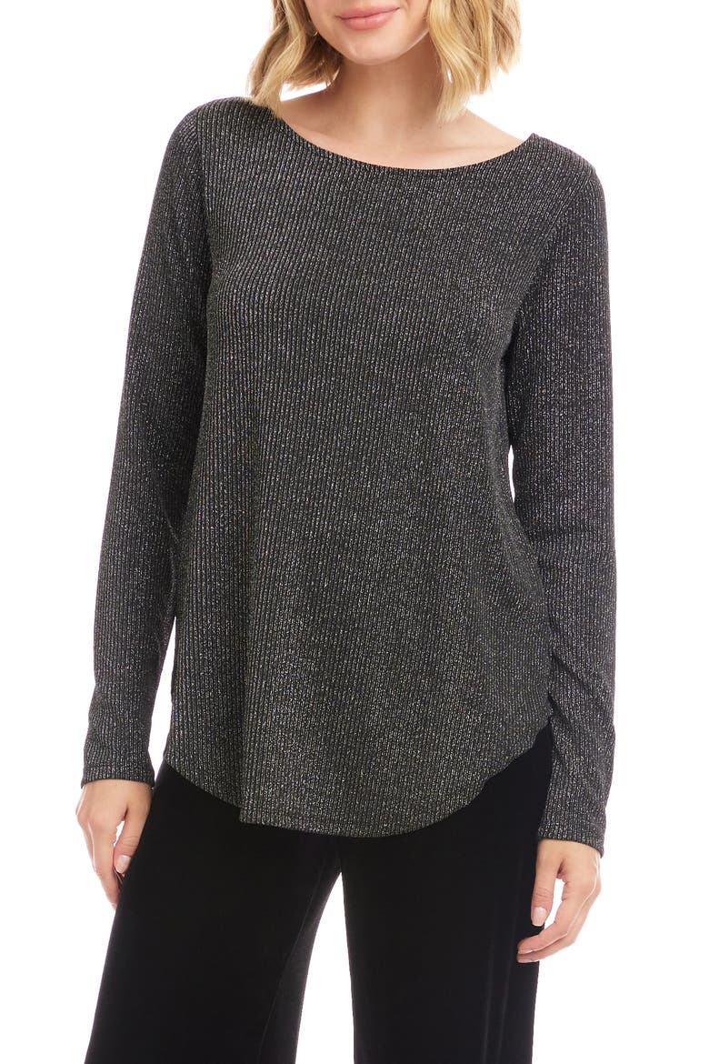 Metallic Stripe Curved Hem Top, Main, color, BLACK W/ SILVER