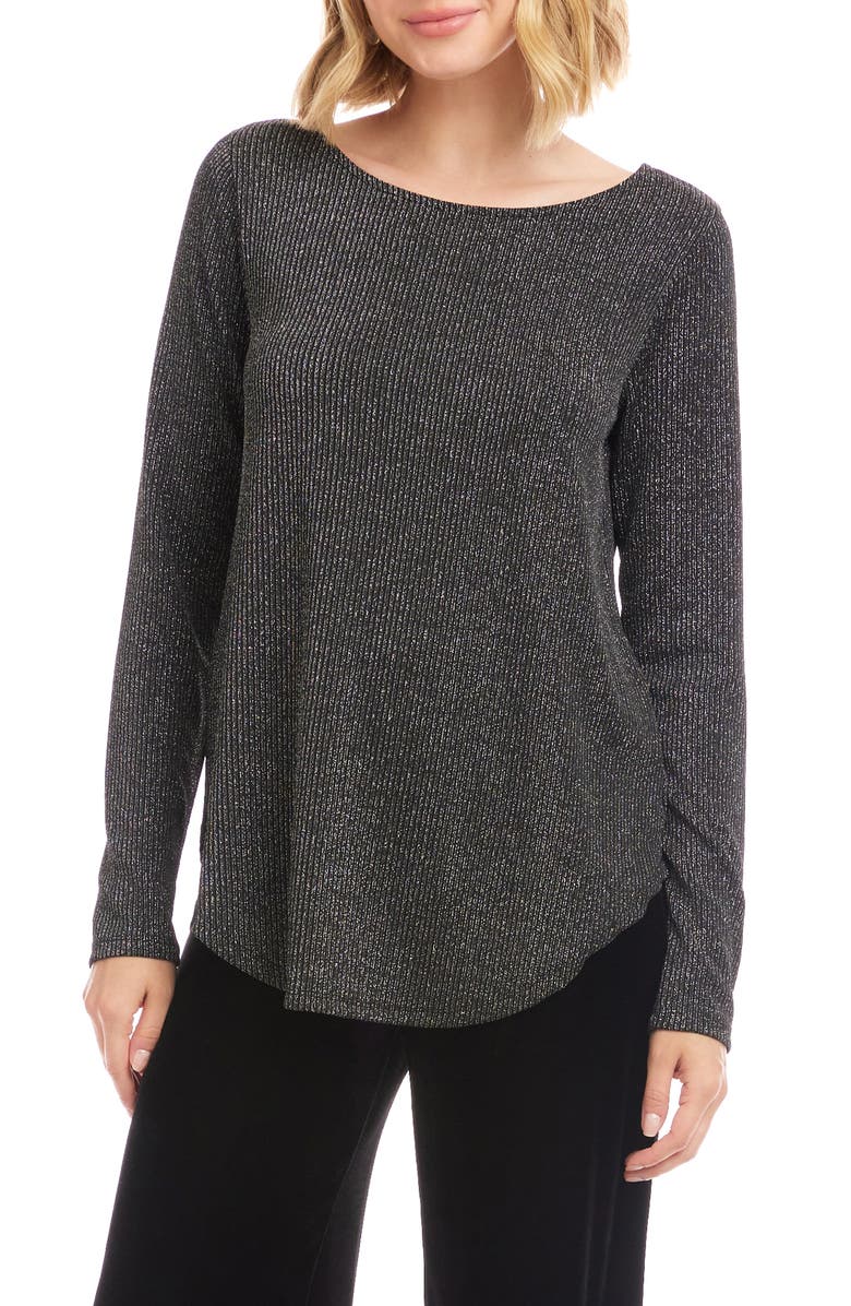 Karen Kane Metallic Stripe Curved Hem Top, Main, color, Black W/ Silver