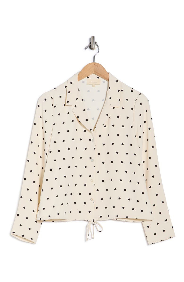 MELLODAY Long Sleeve Drawstring Hem Button-Up Shirt, Main, color, Bone Black Dot