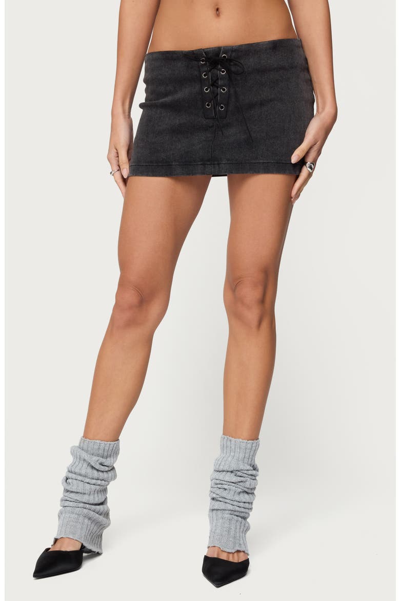 Lace Up Stretch Denim Miniskirt, Main, color, BLACK-WASHED