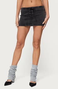 EDIKTED Lace Up Stretch Denim Miniskirt