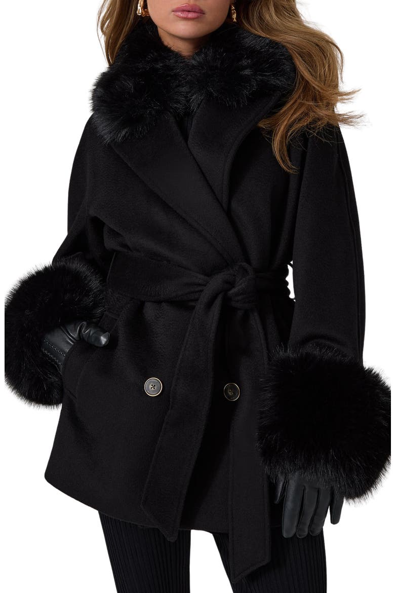 Sophy Wool Double Breasted Coat with Faux Fur Trim, Main, color, JBLACK-BLACK