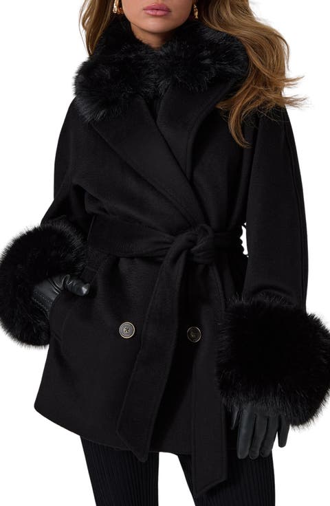Sophy Wool Double Breasted Coat with Faux Fur Trim