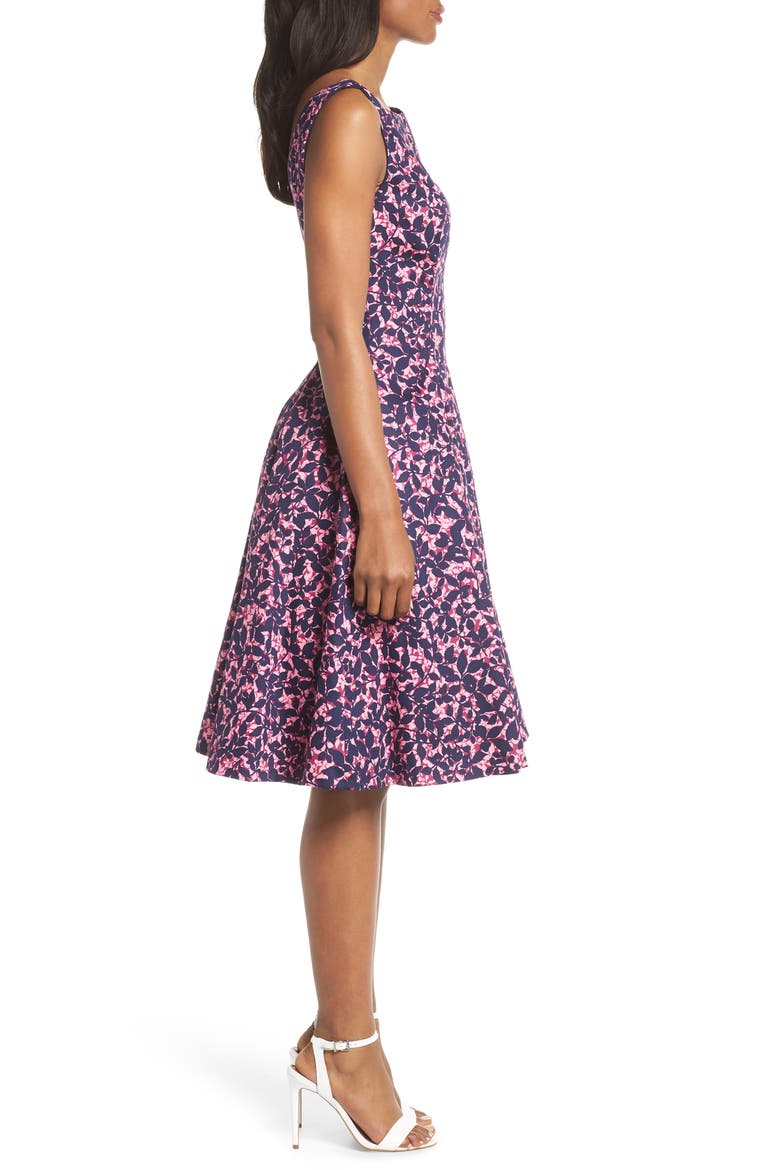 Print Fit & Flare Dress, Alternate, color, NAVY/ PINK