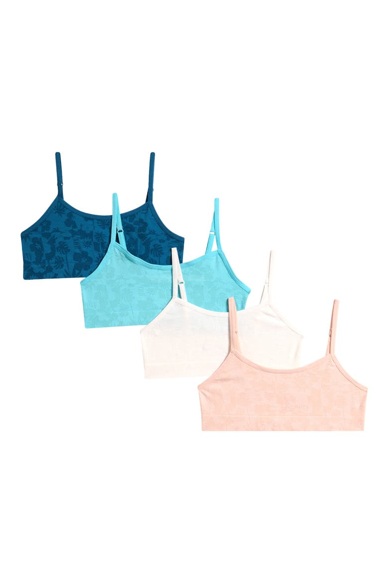 Set of 4 Unpadded Bralettes, Main, color, MARINO/ AQUA/ FLORAL/ PEACH